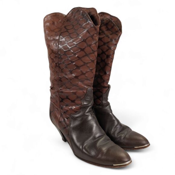 Vintage Acme Western Metal Tipped Boots Size 8.5M Brown Embossed Leather - Picture 1 of 15
